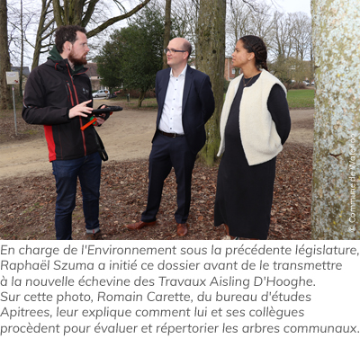 En charge de l'Environnement sous la précédente législature, Raphaël Szuma a initié ce dossier avant de le transmettre à la nouvelle échevine des Travaux Aisling D'Hooghe. Sur cette photo, Romain Carette, du bureau d'études Apitrees, leur explique comment lui et ses collègues procèdent pour évaluer et répertorier les arbres communaux.   © Commune de Waterloo